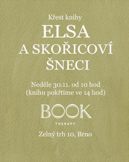Zelená pozvánka na křest knihy Elsa a skořicoví šneci v Book Therapy na Zelném trhu v Brně