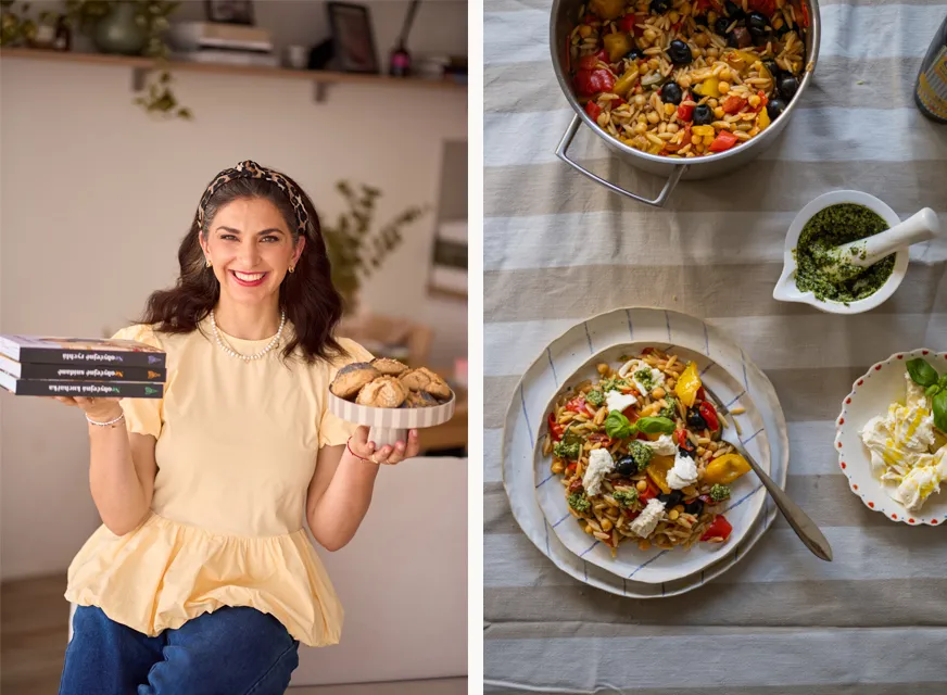 Dvě fotografie: Lucie s knihami Neobyčejná a pečivem a talíř orzo salátu s pestem.