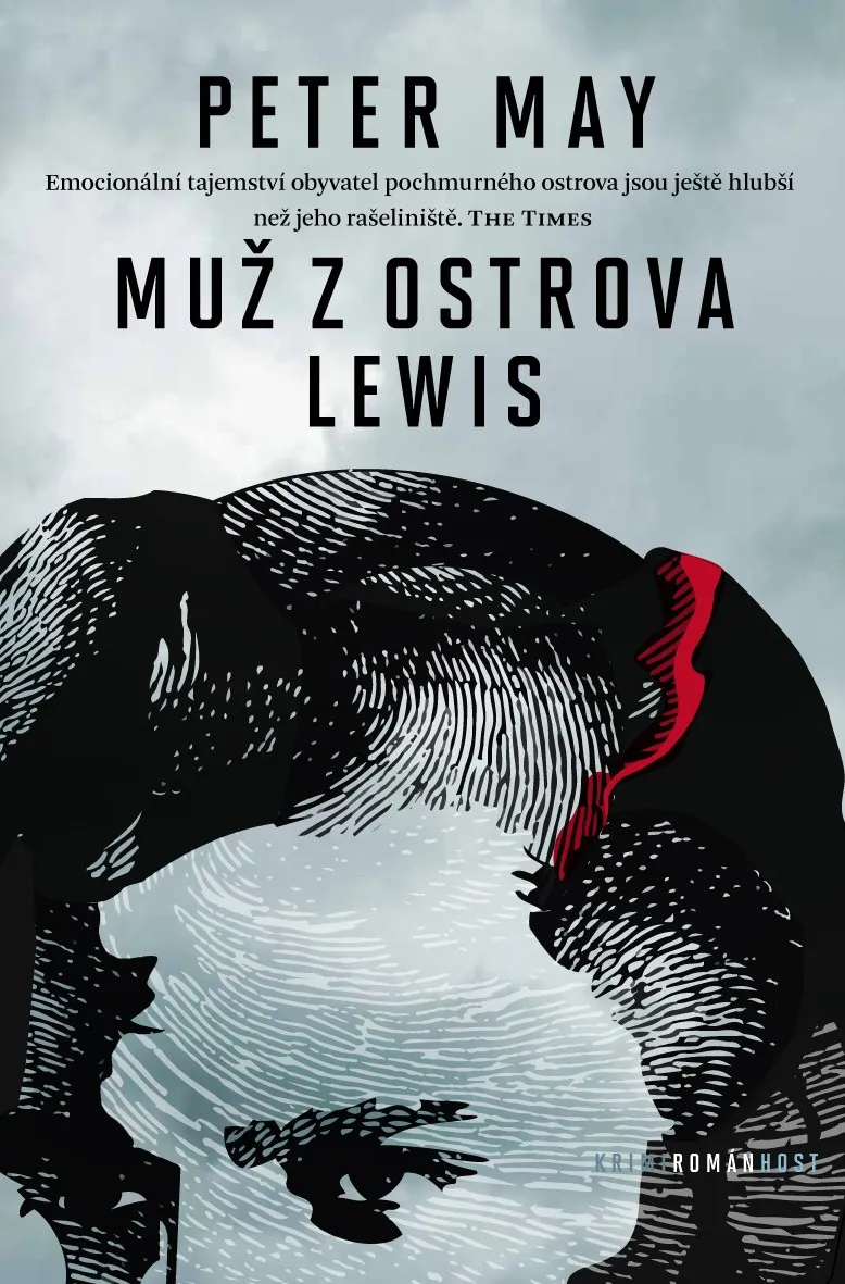 Obálka krimirománu Muž z ostrova Lewis od Petera Maye s otiskem prstu na zamračené obloze