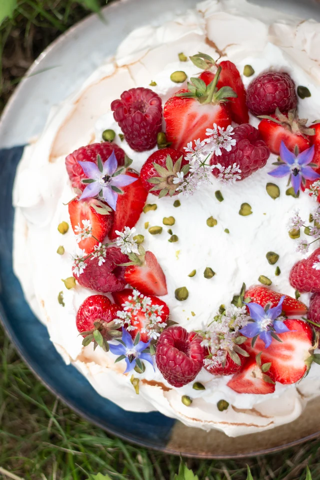 Pavlova se šlehačkou a letním ovocem z kuchařky Dorty.