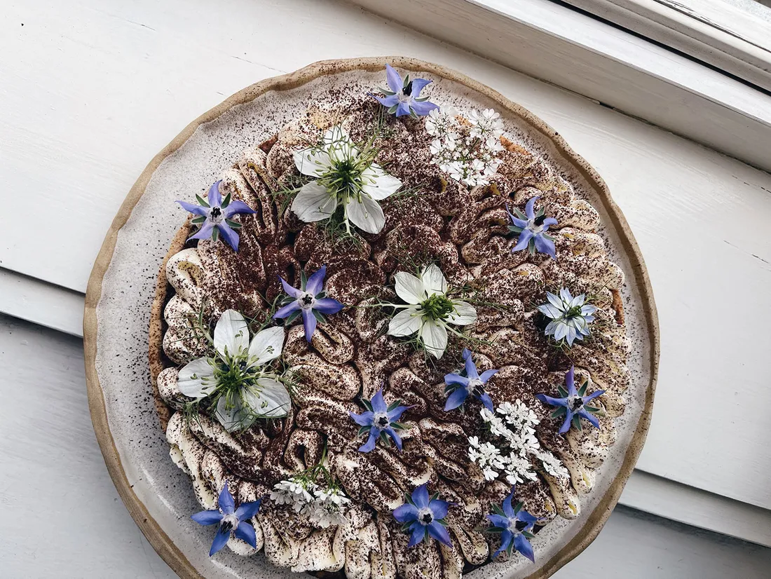 Pohled shora na koláč s vlnkami krému posypaného kakaem, borákovými a nigella květy na parapetu