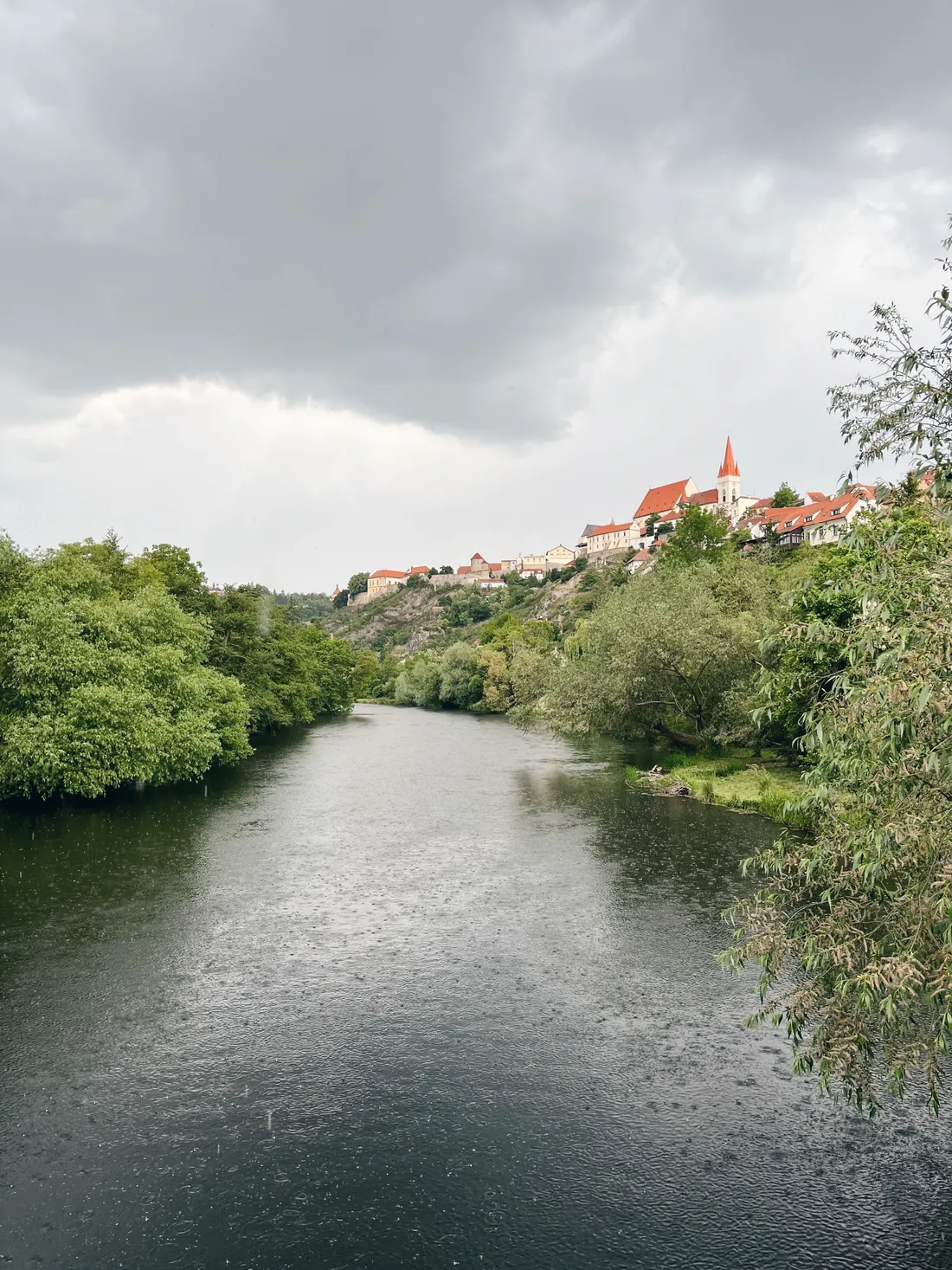 Deštivá řeka Dyje s kruhy od deště, v pozadí Znojmo s kostelem sv. Mikuláše