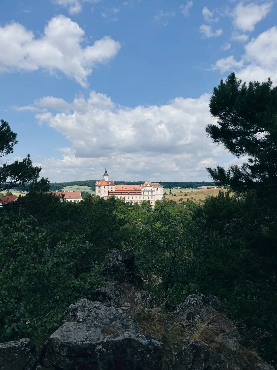 Pohled z útesu na bílý zámek s červenou střechou a věží uprostřed zelených lesů pod oblačnou oblohou.
