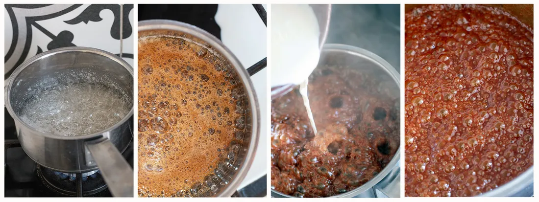 Čtyři kroky vaření karamelu v nerezovém hrnci: sirup, hnědý karamel, přilévání smetany a bublající omáčka