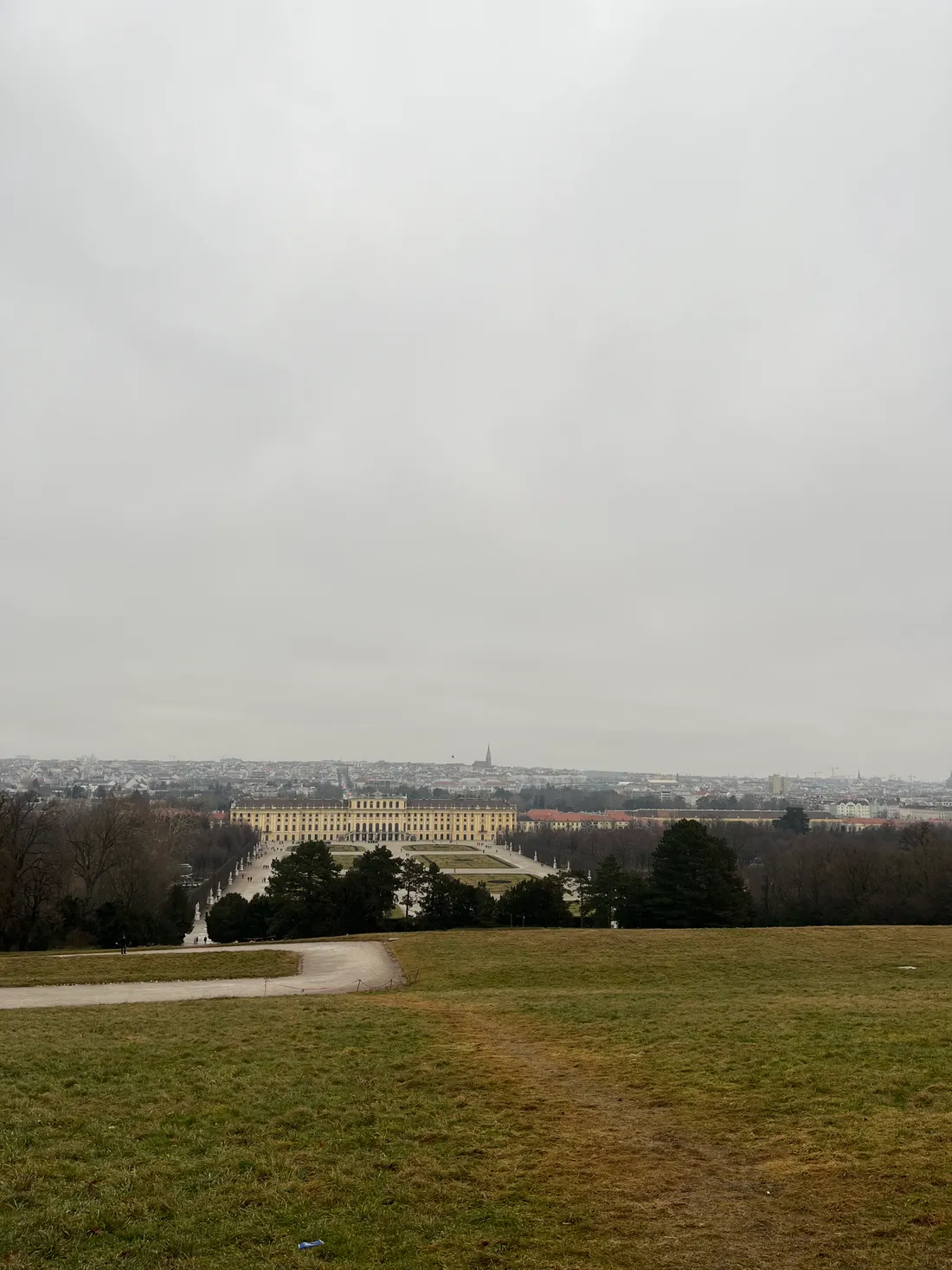 Pohled z kopce na žlutý zámek Schönbrunn a město Vídně pod zataženou oblohou.