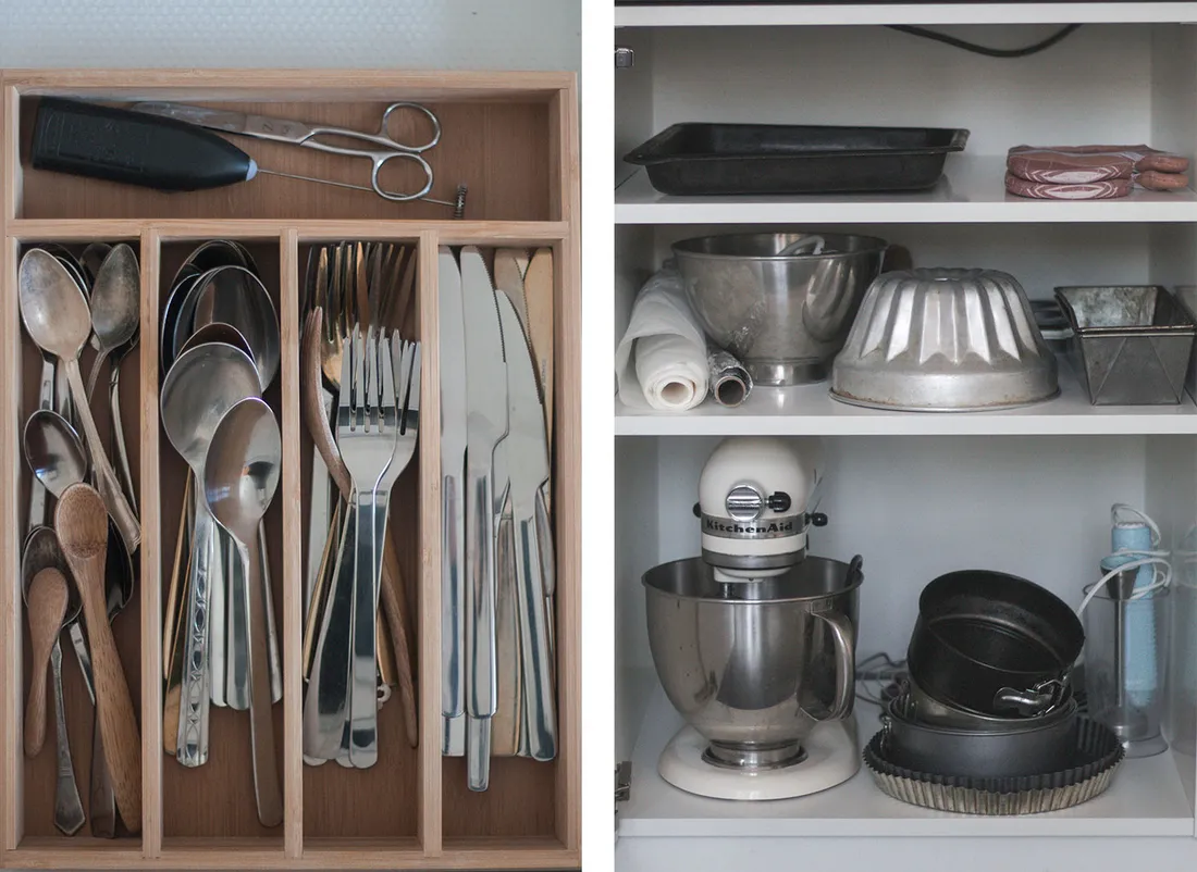 Organizér na příbory a skříňka s formami a robotem KitchenAid – dva záběry.