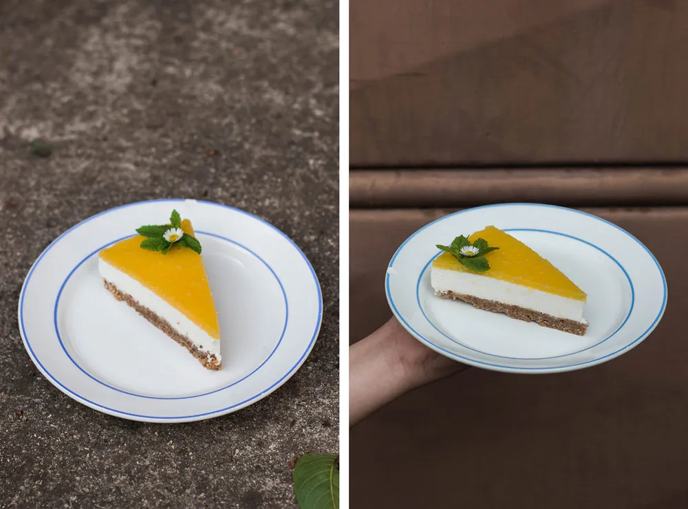 Třívrstvý nepečený cheesecake na bílém talíři s modrým okrajem na betonu a v ruce před tmavým pozadím.