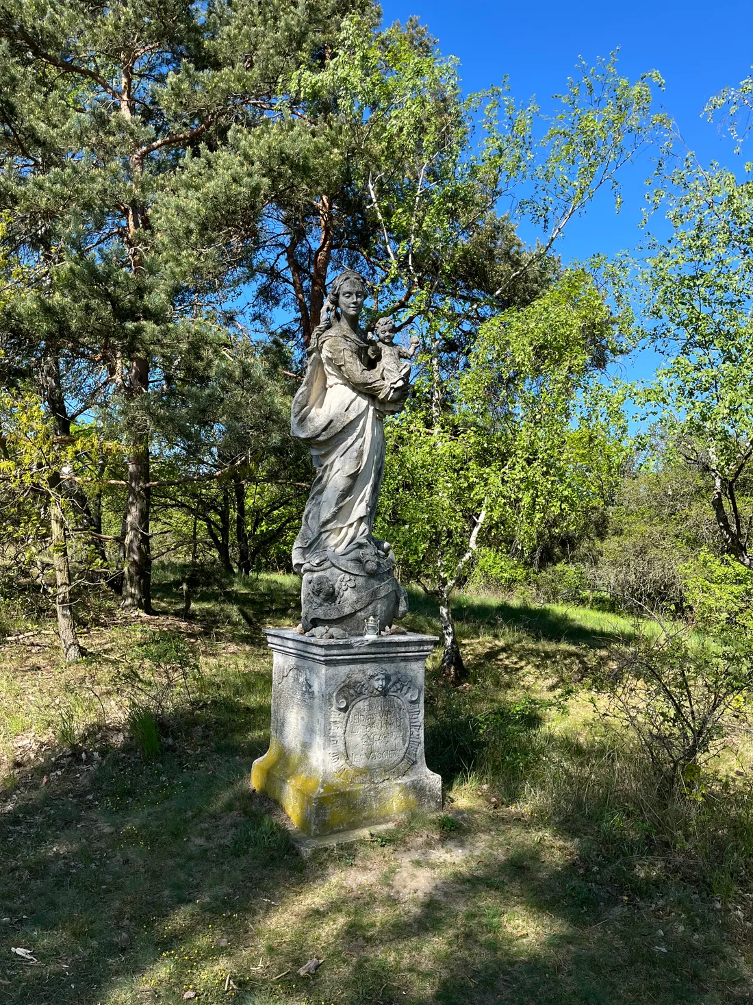 Kamenná socha Madony s dítětem na podstavci v lese pod modrou oblohou.