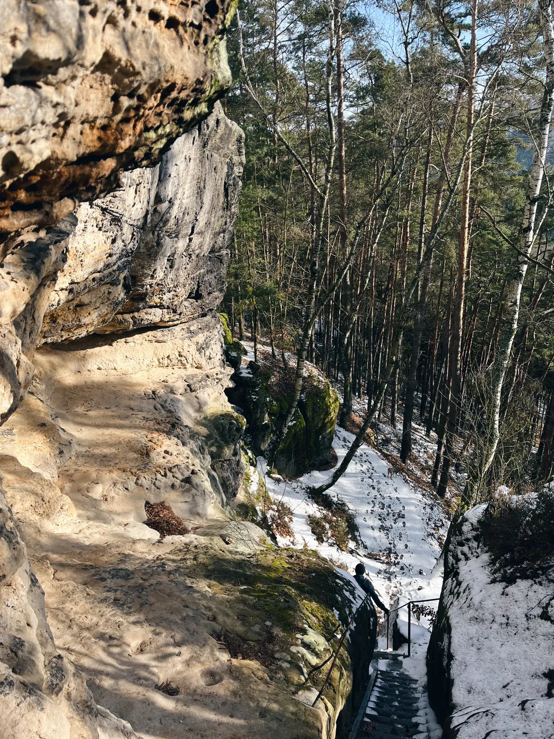 Pískovcová stezka pod skalní stěnou s mechem, sněhem v lese a kamennými schody s madlem.