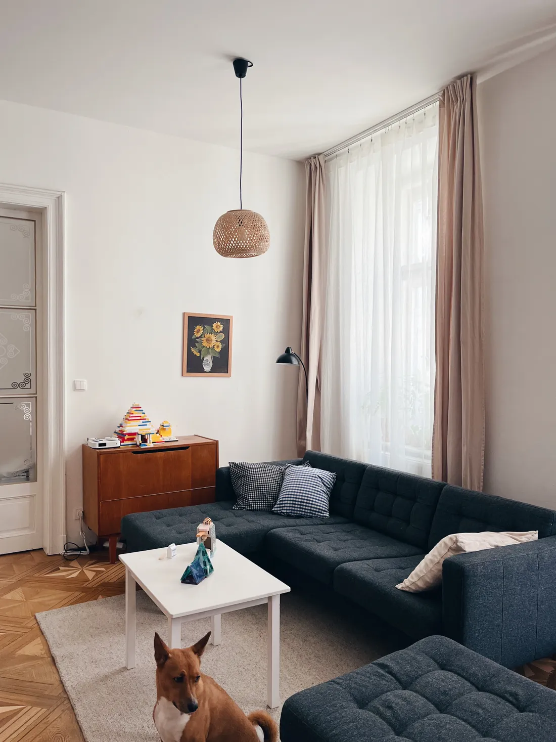 Světlý obývací pokoj s tmavě šedou rohovou pohovkou, dřevěnou komodou, bílým stolkem a hnědým psem na koberci.
