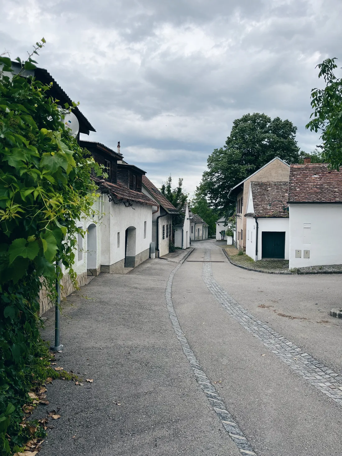 Úzká ulička s bílými domy a taškovými střechami, vlevo zeď se zelení pod oblohou.