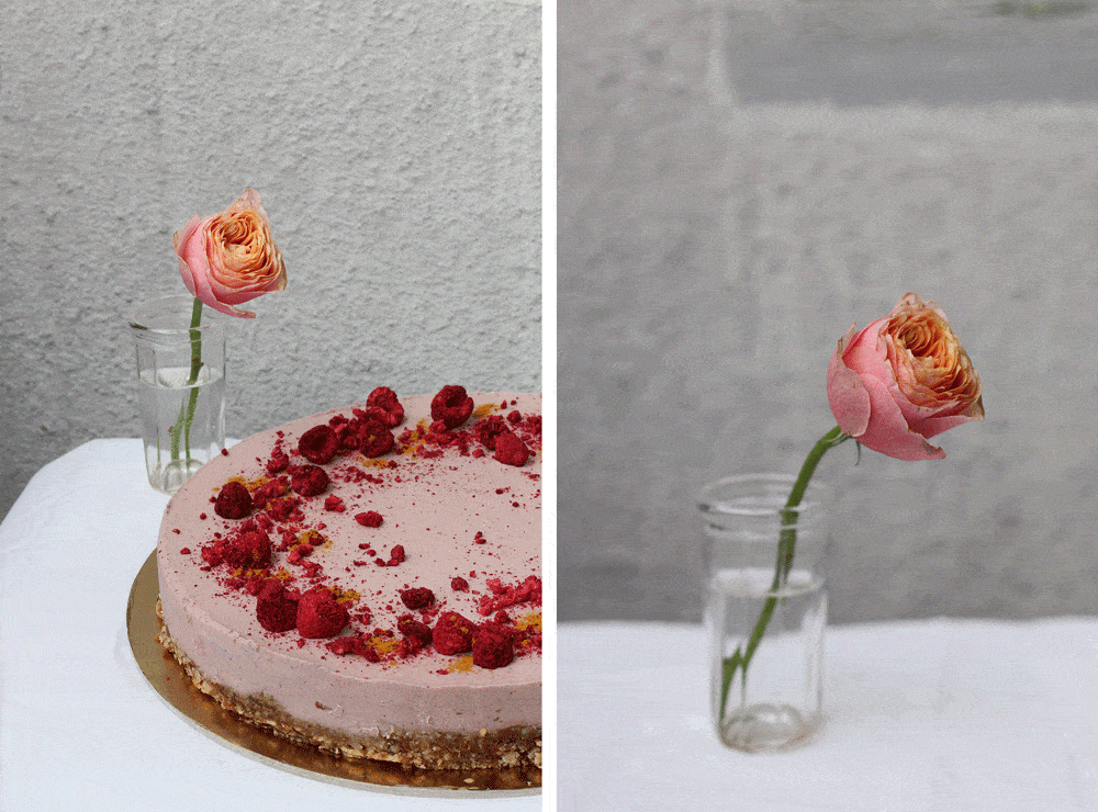 Raw malinový cheesecake s lyofilizovanými malinami na zlatém podkladu, vedle růže ve sklenici na ubrusu.