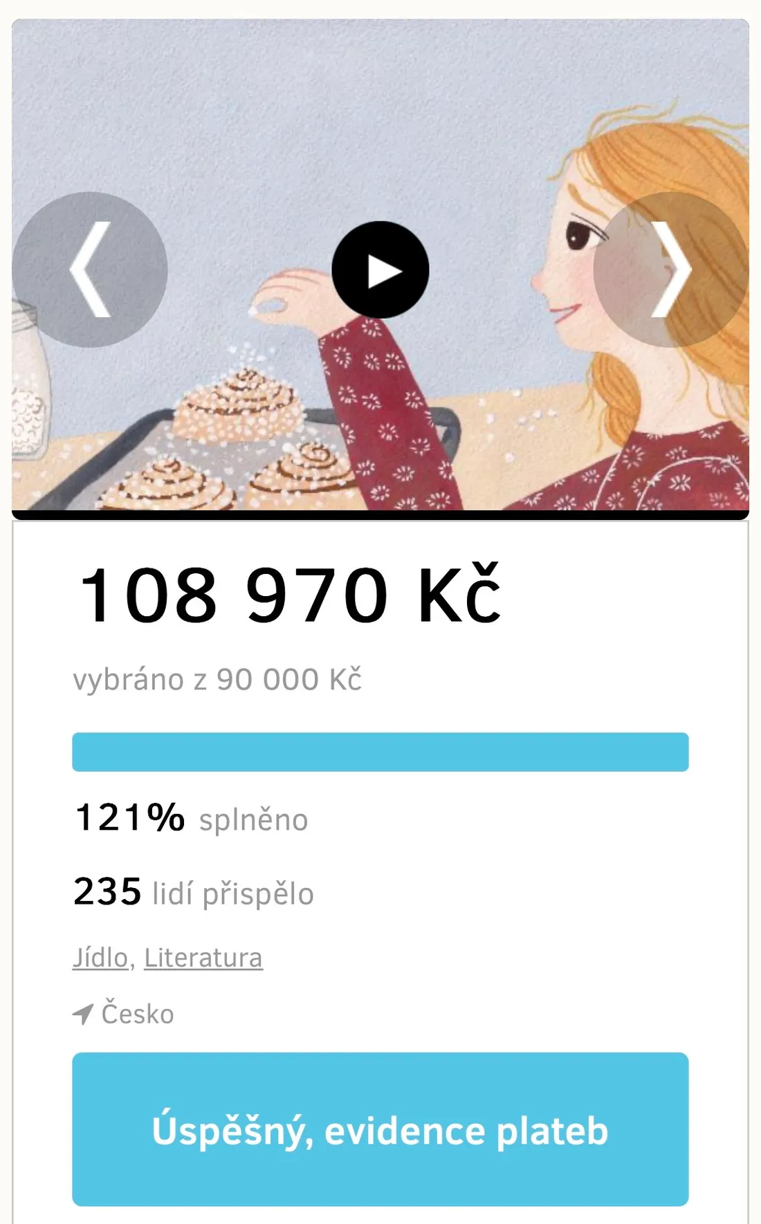 Snímek úspěšné crowdfundingové kampaně knihy Elsa se 121 % vybrané částky