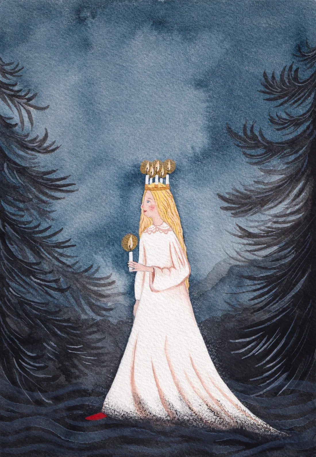 Akvarelová ilustrace svaté Lucie s korunou ze svíček kráčející tmavým lesem.