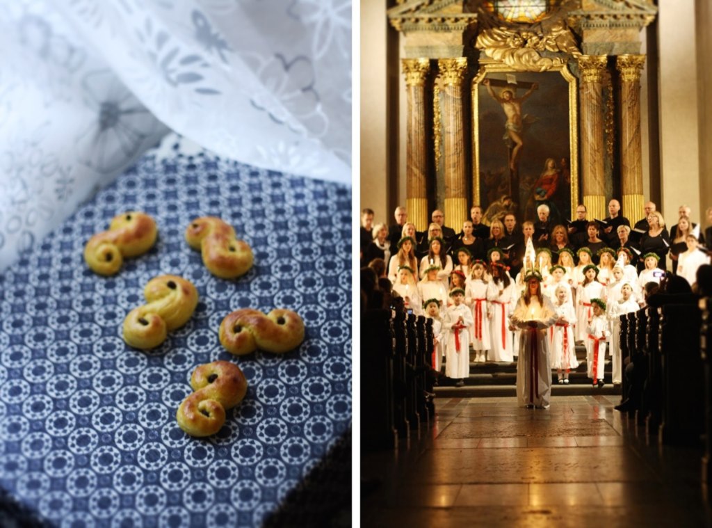 Lussekatter s rozinkami a průvod svaté Lucie v kostele, koláž dvou snímků.