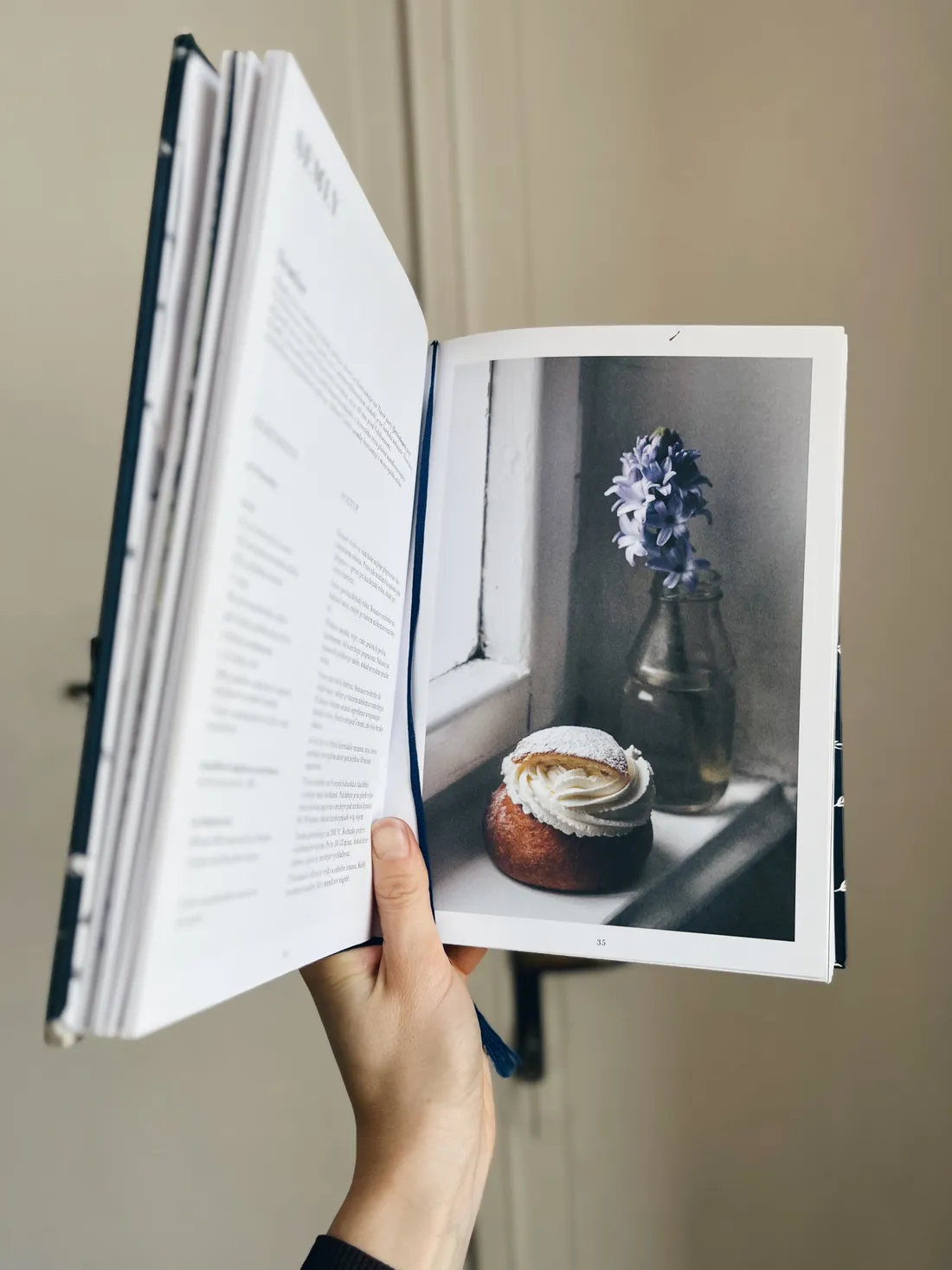 Otevřená kuchařka s receptem semla a fotografií semly se šlehačkou a hyacintem na parapetu.