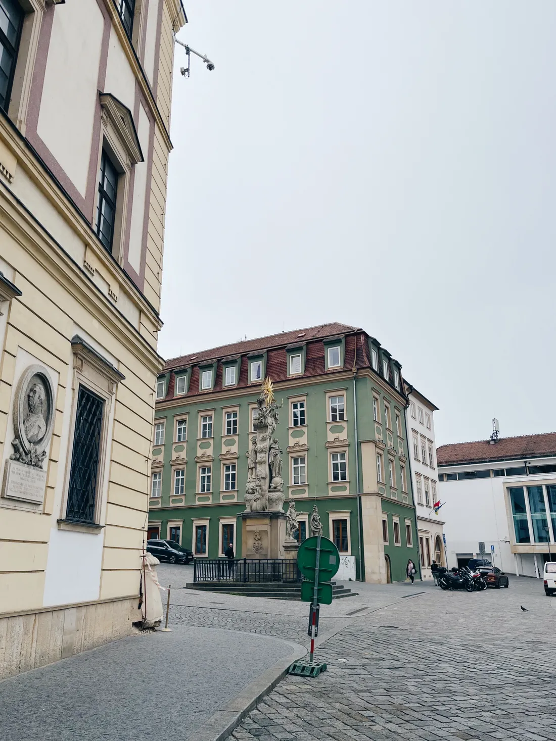 Morový sloup na Zelném trhu, zelený dům a historické domy v Brně