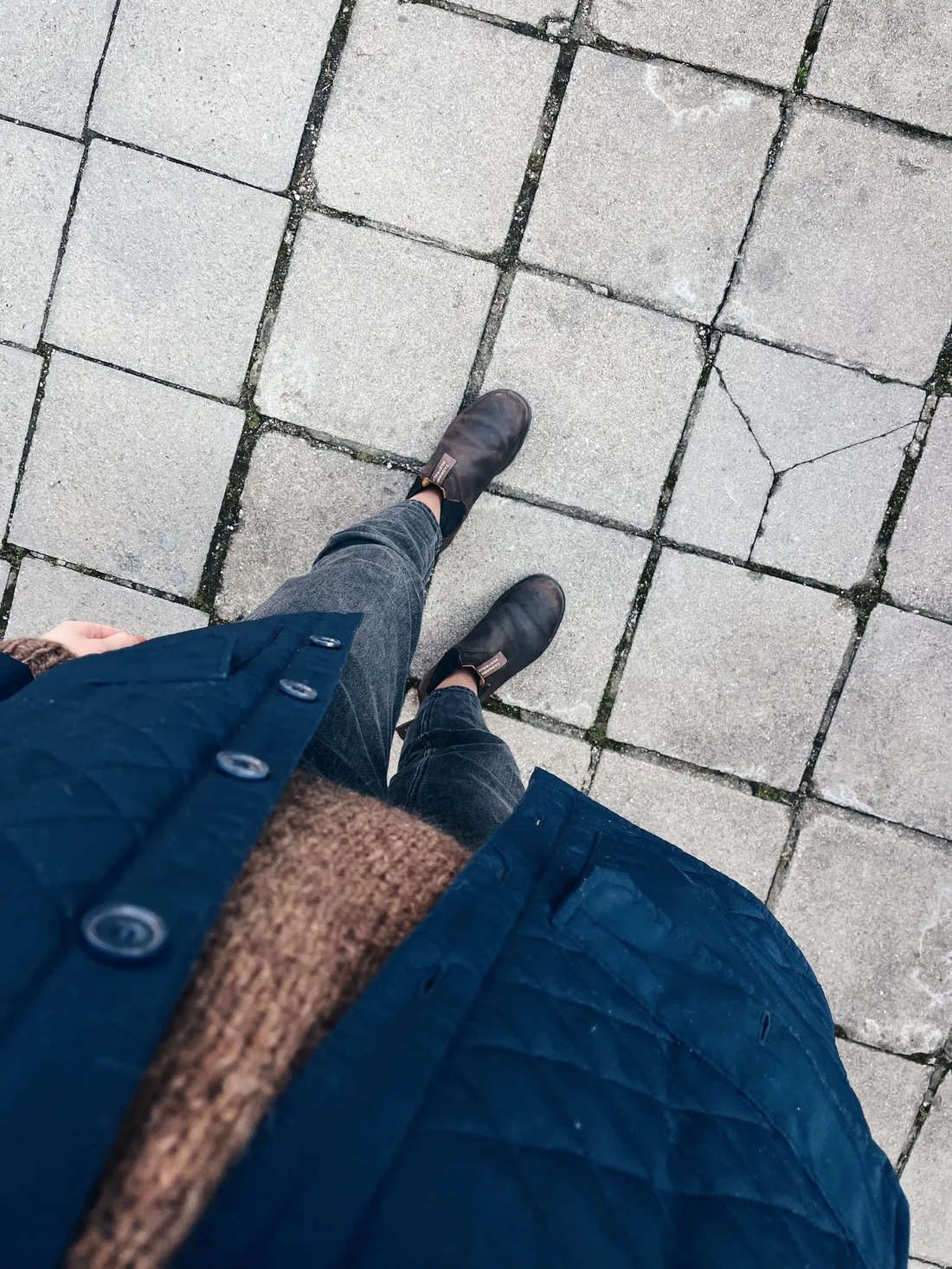 Pohled shora na nohy v modré bundě, hnědém svetru a šedých džínách na šedé dlažbě.