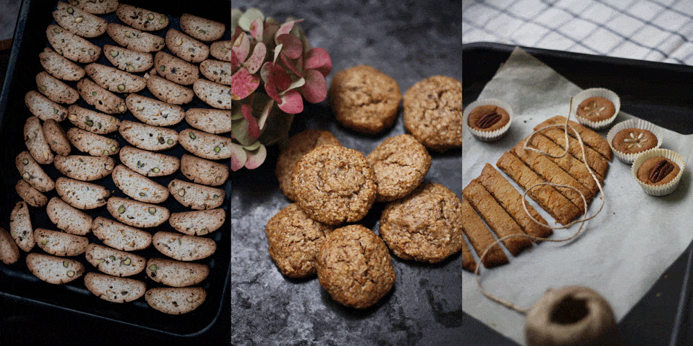 Biscotti s pistáciemi, ovesné sušenky a plech s proužky sušenek a mini košíčky s ořechy.