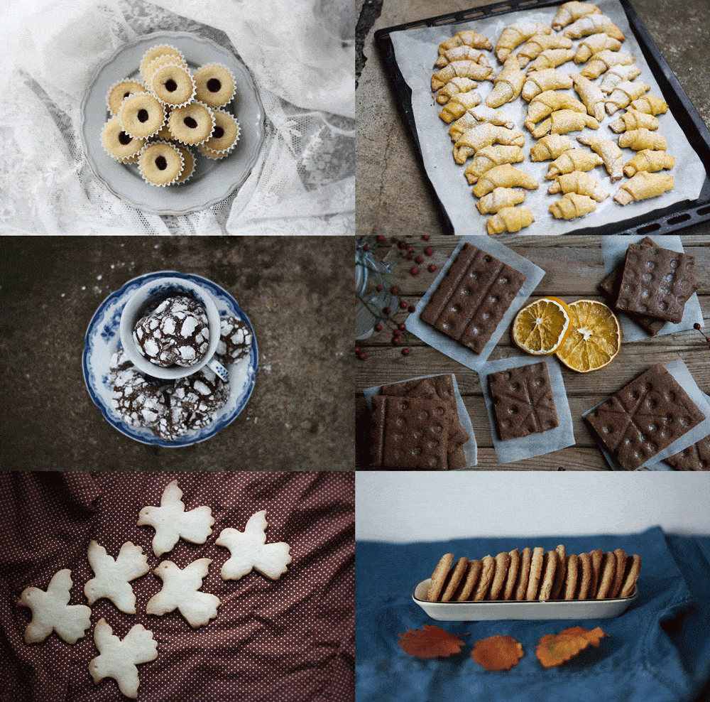 Šest záběrů vánočního cukroví: linecké, rohlíčky, crinkles, perníčky, ptáčci a máslové tyčinky.