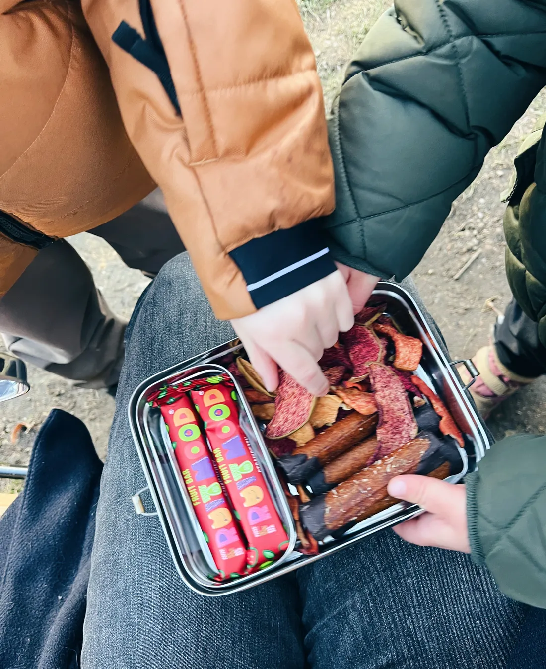 Děti sahají do nerezové krabičky se svačinou, tyčinkami Fruit Mood a sušeným ovocem venku.